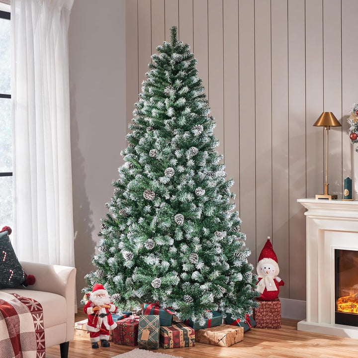 Yaheetech 228 cm künstlicher Weihnachtsbaum mit Schnee und 82 Kiefernzapfen (Ø ca.132 cm) 1346 Spitz