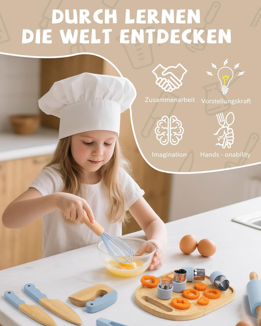 Kindermesser Set – 15-teilig mit sicherem Kiddikutter, Holzmesser Schneidebrett – Montessori Küchens
