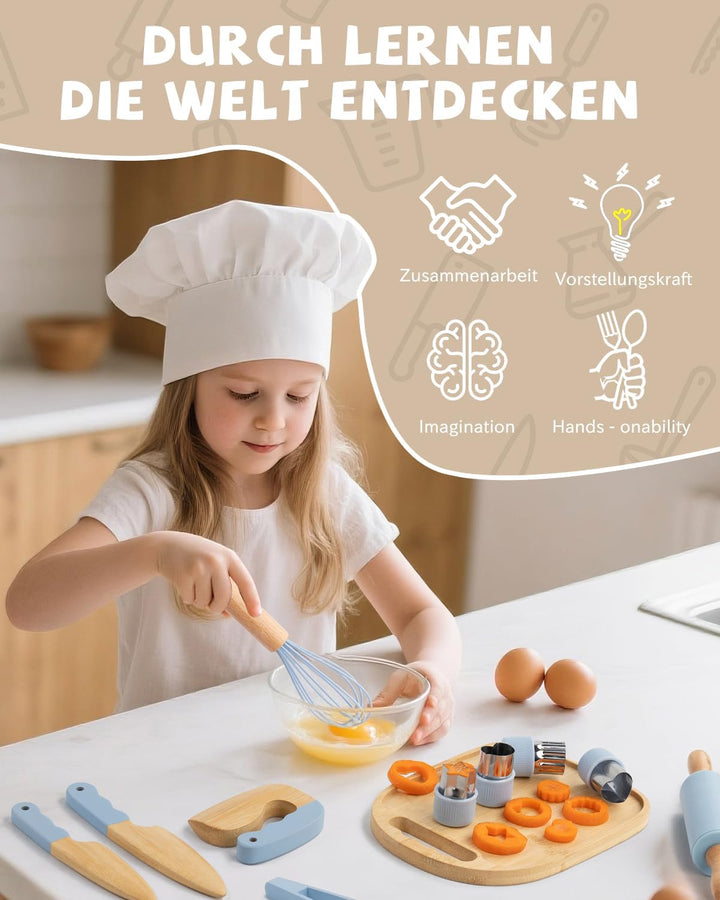Kindermesser Set – 15-teilig mit sicherem Kiddikutter, Holzmesser Schneidebrett – Montessori Küchens