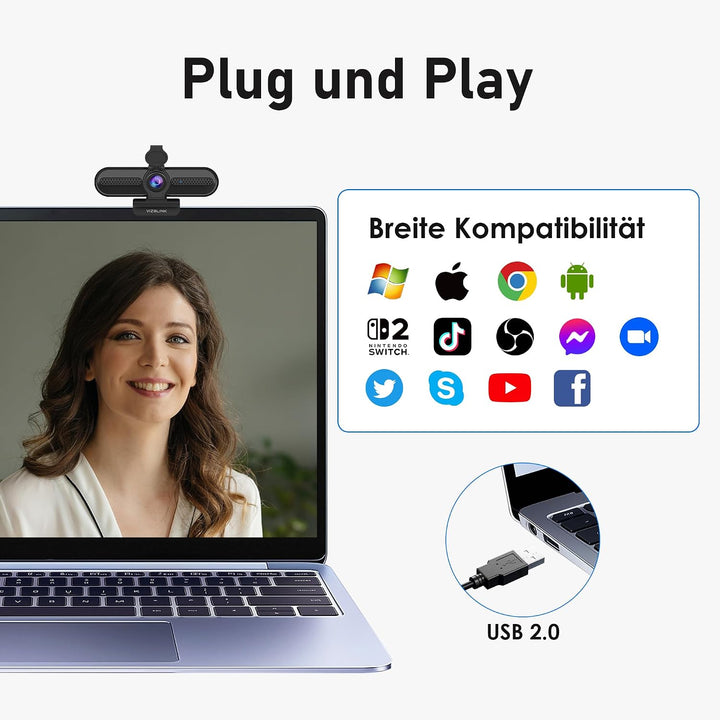 W4DS PRO Webcam 4K für PC, 30FPS Ultra HD, Kamera PC mit Autofokus und Rauschunterdrückung, 78°FOV,