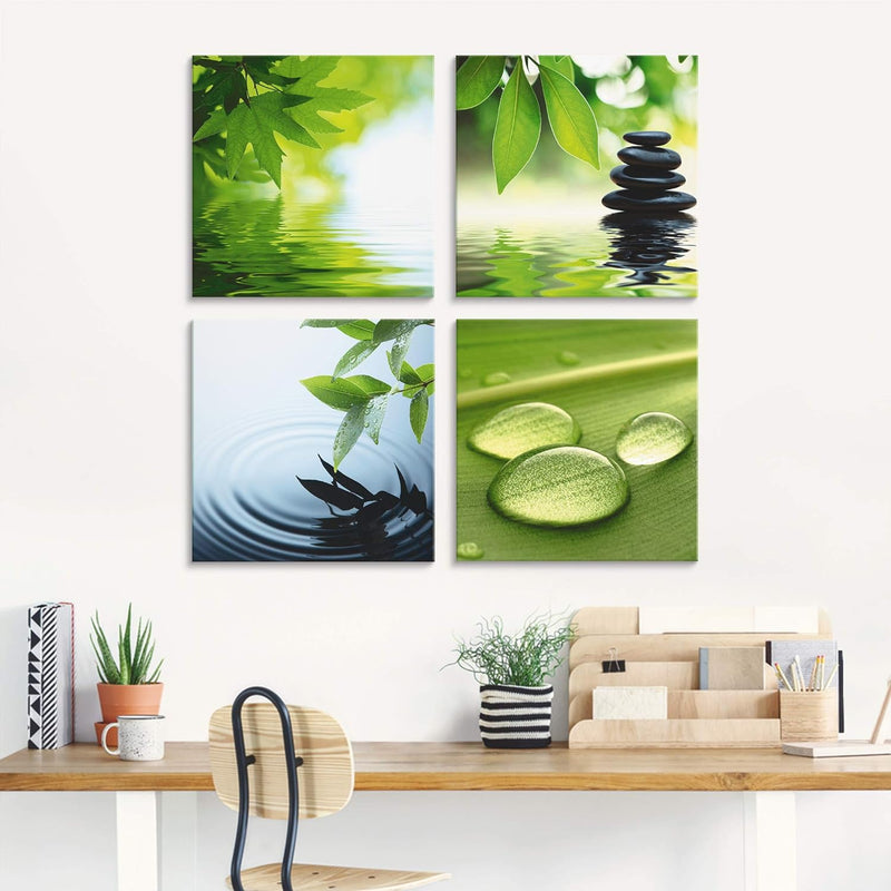 ARTland Glasbild Wandbild Glas Bild 4er Set 4 teilig je 40x40 cm Wellness Entspannung Zen Wasser Grü