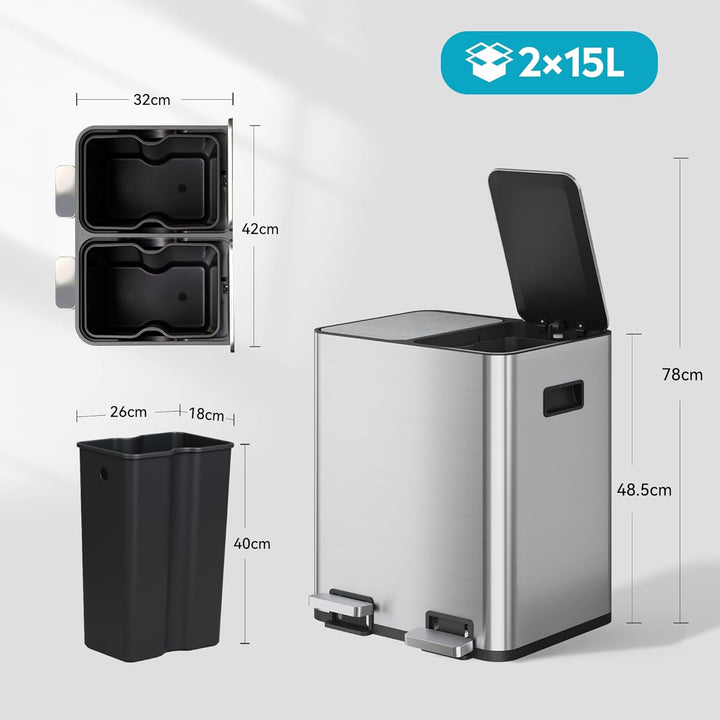 WLIVE Mülleimer Küche 30L, Mülltrennsystem mit 2 x 15L Fächern, Doppel Abfalleimer mit Treteimer, Ed