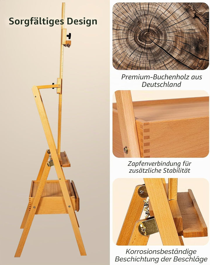 DJAR Staffelei mit Schublade, Staffelei Holz Gross aus Massivem Buchenholz, Verstellbar bis 190,5 cm