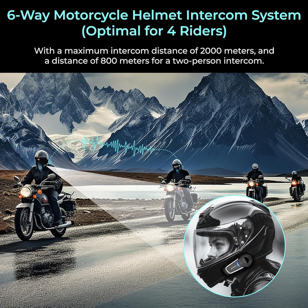 BETOWEY Intercom Motorrad, TK-X4 Freisprecheinrichtung für 6 Personen, Musikteilung, Sprachassistent