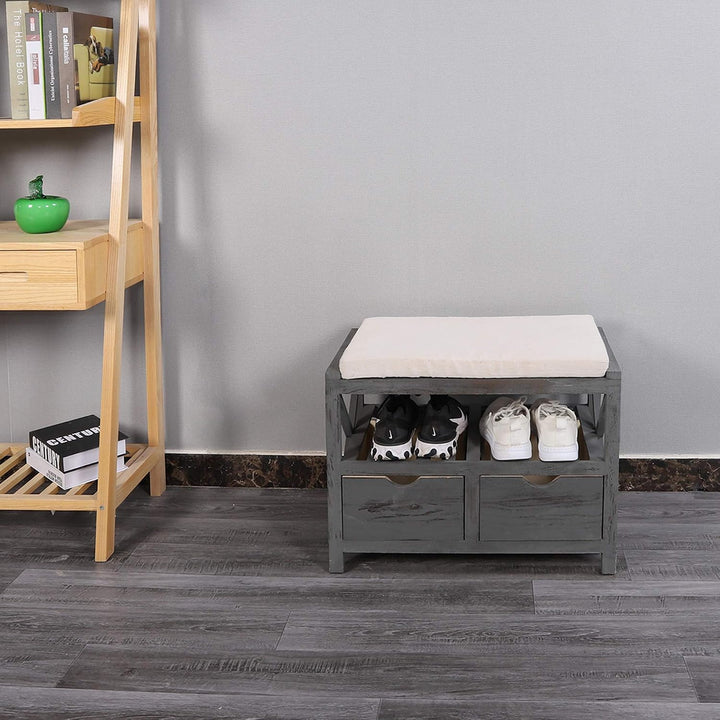 Rebecca Mobili Flurbank mit 2 Schubladen 1 Ablage, Sitzbank mit Stauraum, in Grau, Vintage Shabby Ch