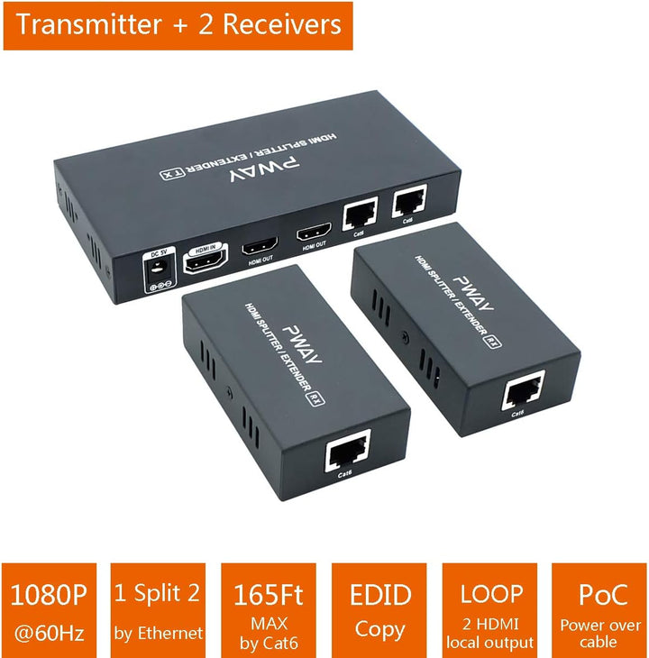 PW-HT226P2（POC） 1X2 Port HDMI Splitter Extender/Verteiler Ultra HD 1080P Ohne Verzögerung 165ft(50m)
