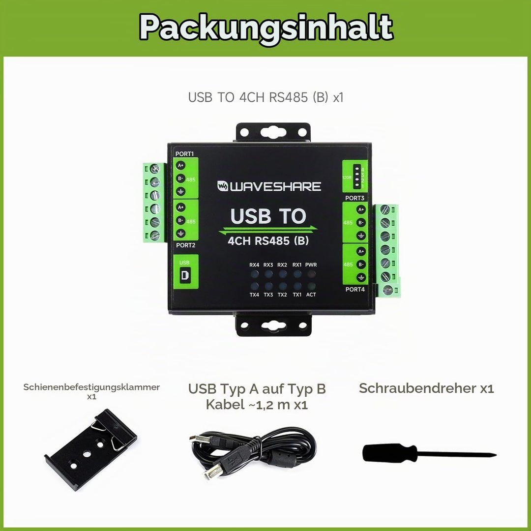 Waveshare Industrial Isolated USB to 4-Ch RS485 Converter (B), CH344L Chip, Multi Protection Circuit