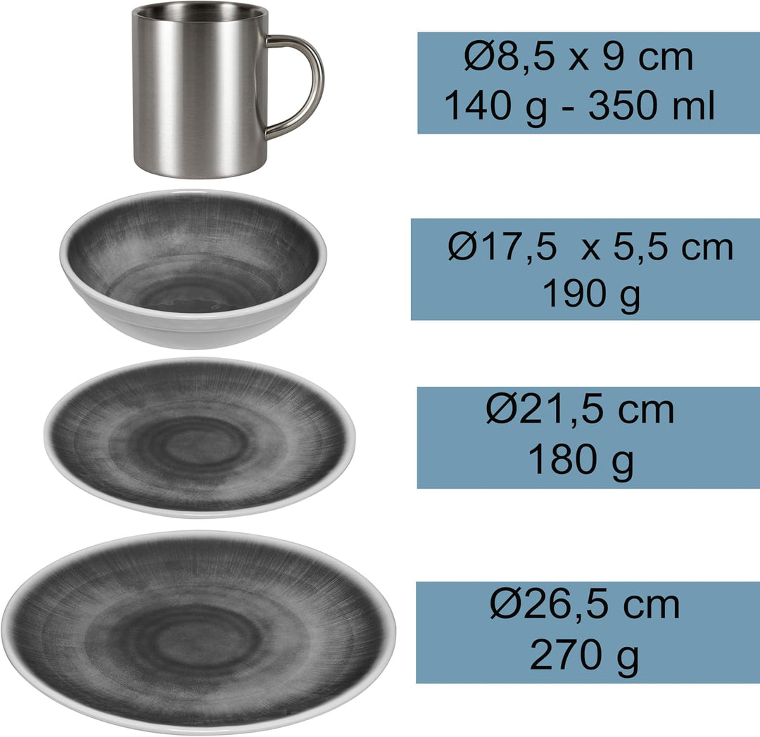Melamin Geschirr Set Jesolo Grün für - mit Edelstahltassen Steingutoptik Spülmaschinengeeignet Campi