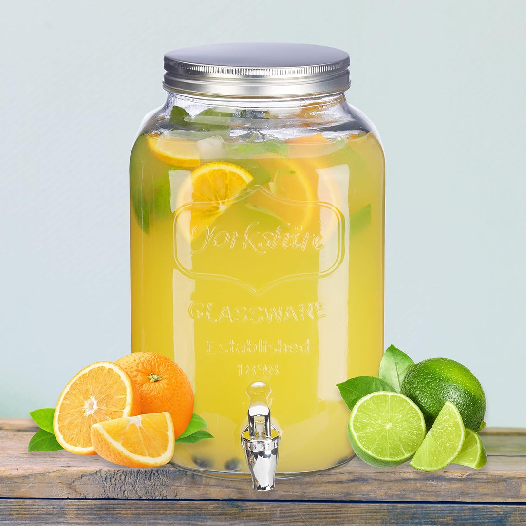 Relaxdays 2 x Getränkespender 8 l, Glas, Zapfhahn, Retro Saftspender Gastro, Vintage Limonadenspende