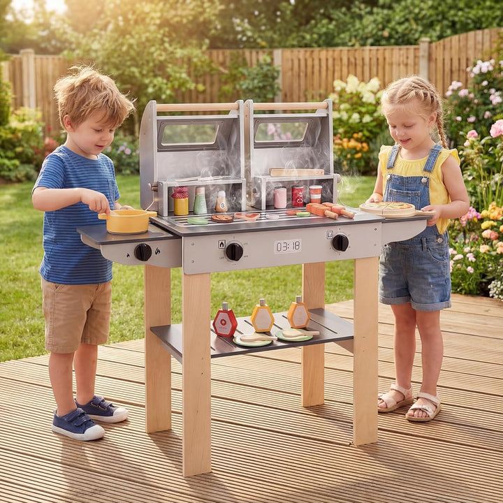 HOMASIS Kinder Grill Spielzeug aus Holz, BBQ Kindergrill-Spielset mit 2 Grillrosten, Verschlussdecke