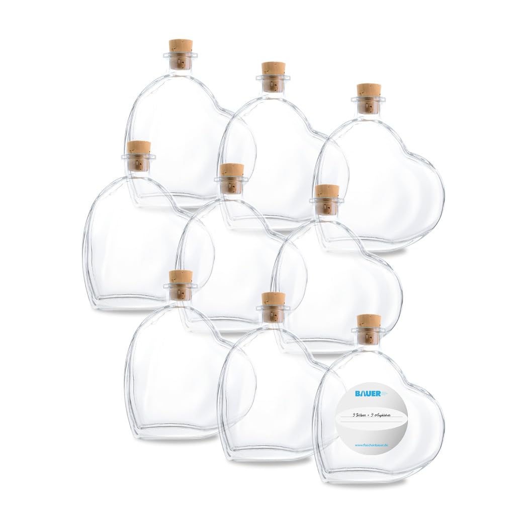 Flaschenbauer - 9 x Herz Flasche Passion: Glasflasche Herz 200 ml - 9 Mini Glasflaschen mit Korken v