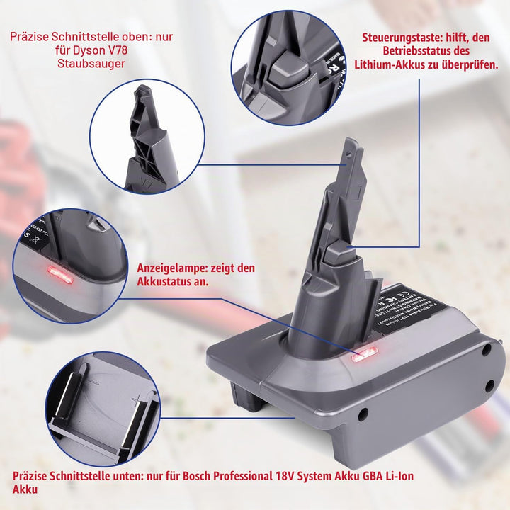 2-in-1 V7/8 Akku-Adapter für Bosch 18V Akku umwandeln für Dyson V7/8 Handstaubsauger Akku kompatibel