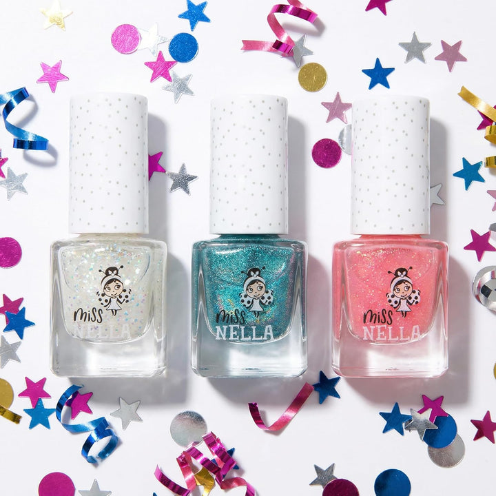 MIss Nella PARTY COLLECTION 3- Nagellackpack mit 3 Abziehbare, geruchsneutrale, wasserbasierte und s