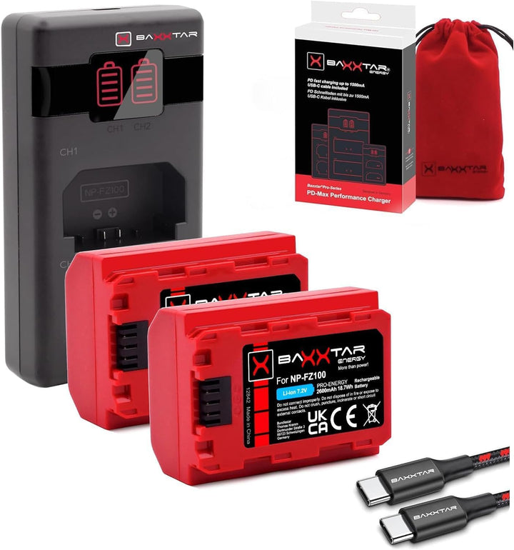 Baxxtar Pro NP-FZ100 Kamera-Akku 2X (2400 mAh - Generation IV) - Laden mit PD Performance (1500 mA)