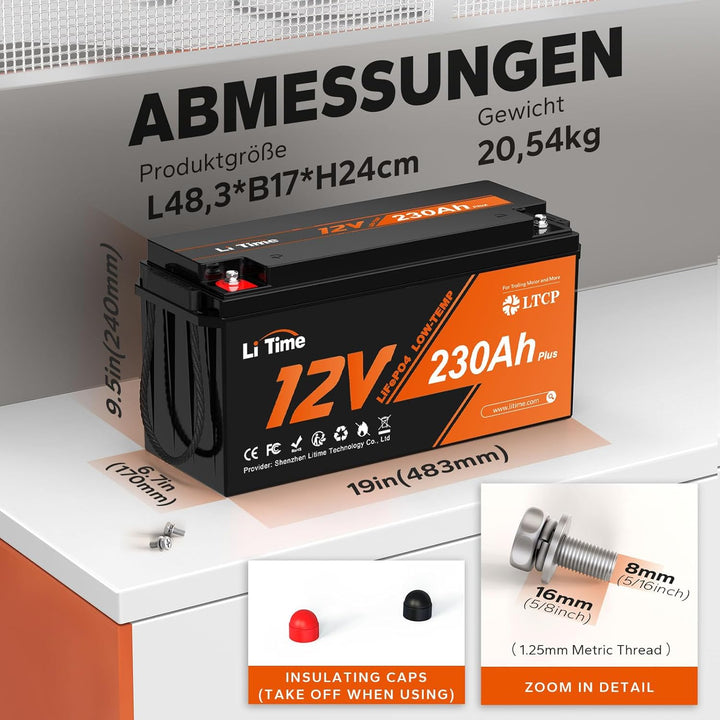 Litime 12V 230Ah Plus Low-Temp-Schutz LiFePO4 Batterie Eingebautes 200A BMS, Max 2944Wh Energie, Lit