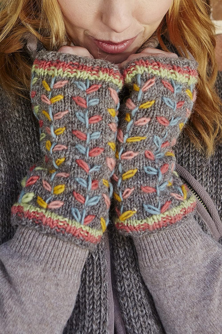 Damen Handwärmer Wolle Fleece Gefüttert Handgestrickt Blume bestickt Grau Einheitsgrösse Handmade Ex