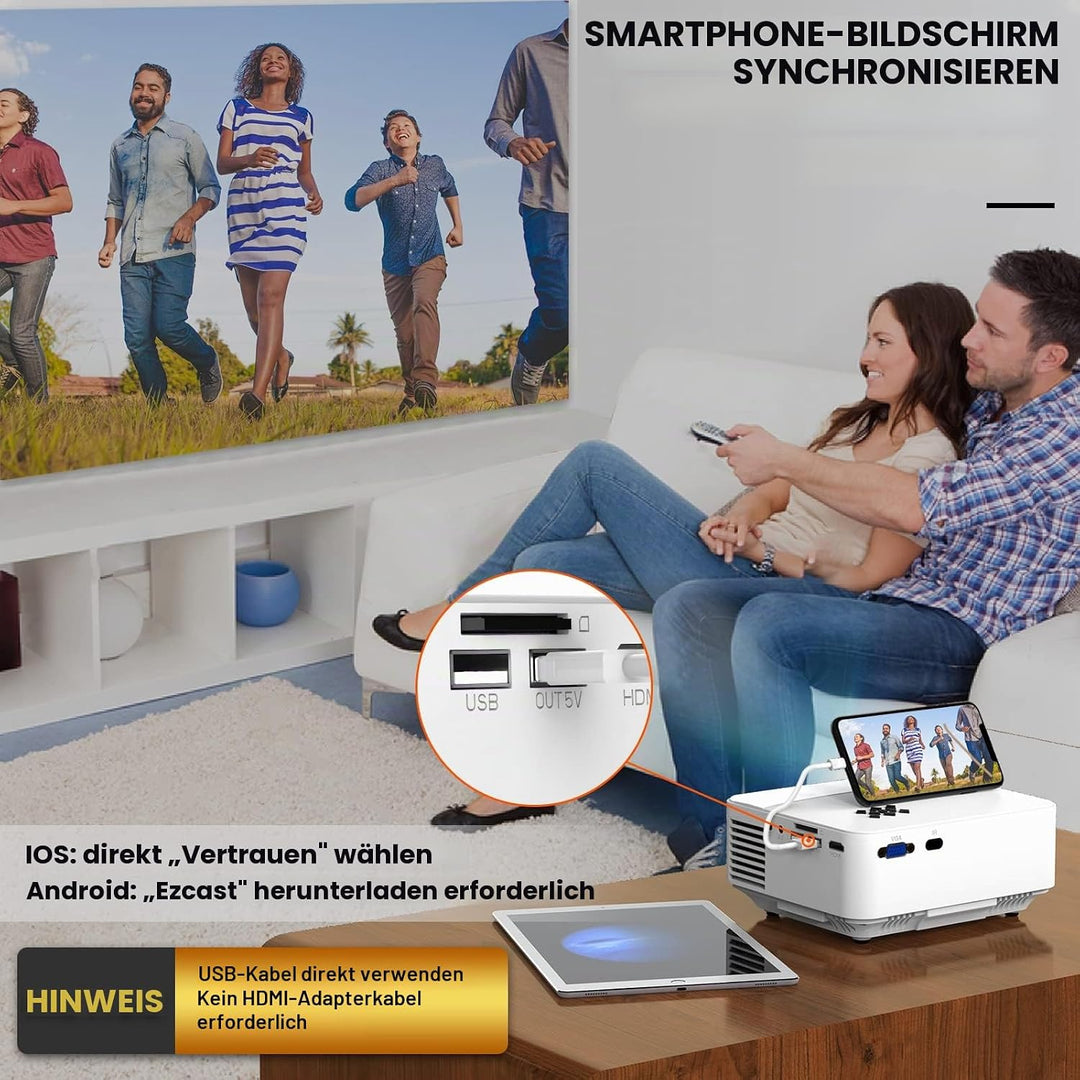 HOPVISION Mini Beamer - 7500 Lumen, 1080p Full HD, LCD, Heimkino/Outdoor, USB &amp; HDMI, Tragbar, 240"