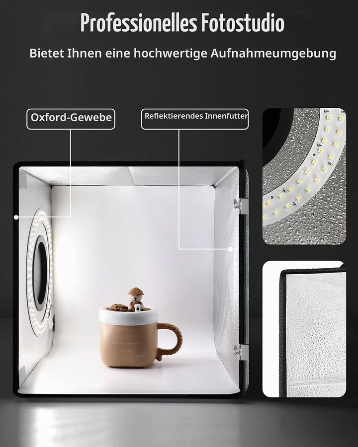 DUCLUS Fotobox, 25x25 cm Fotostudio Set für Produktfotografie, Faltbare Mini Lichtbox mit 96 LEDs, 6