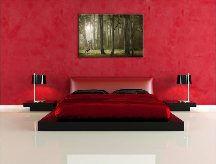 Pixxprint Hirsch im Wald als Leinwandbild/Grösse: 100x70 cm/Wandbild/Kunstdruck/fertig bespannt, 100