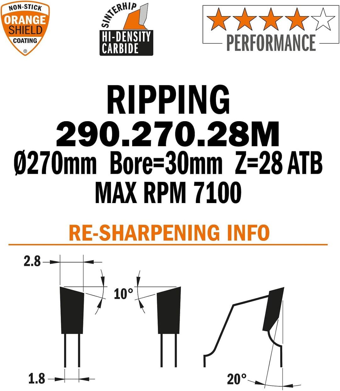 CMT Orange Tools 290.270.28 M – Kreissägeblatt 270 x 2.8 x 30 Z 28 ATB 20 Grad
