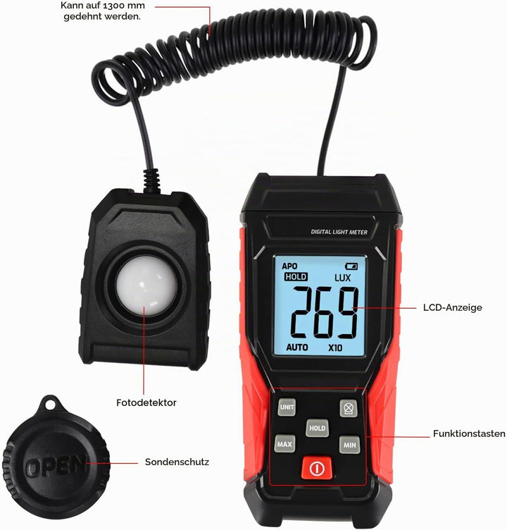 Digital Luxmeter Tragbare Photometer Belichtungsmesser Beleuchtungsstärke Lichtmesser mit 200.000 Lu
