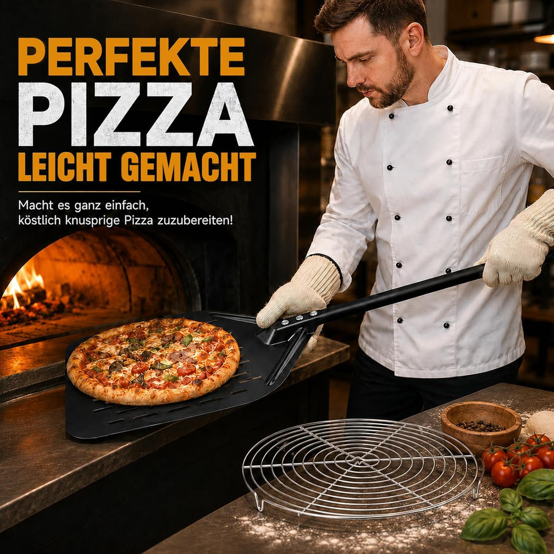 Pizzaschieber Set mit Perforiertem Schieber &amp; Ø 12" Abkühlgitter für extra knusper, Antihaft Beschic