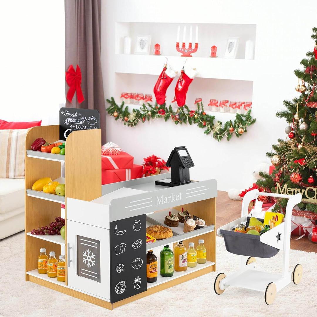 GOPLUS Kaufladen mit Einkaufswagen, Kaufmannsladen mit Kasse & 2 Tafel, Einkaufsladen Kinder mit ink
