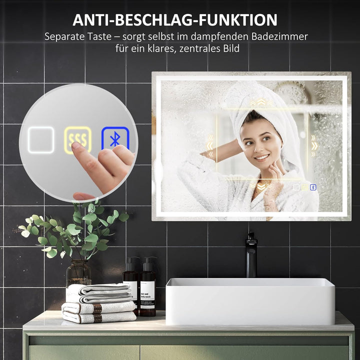 HOMCOM Badspiegel mit Beleuchtung 80x60 cm LED Spiegel Wandspiegel mit Bluetooth-Musikfunktion Memor