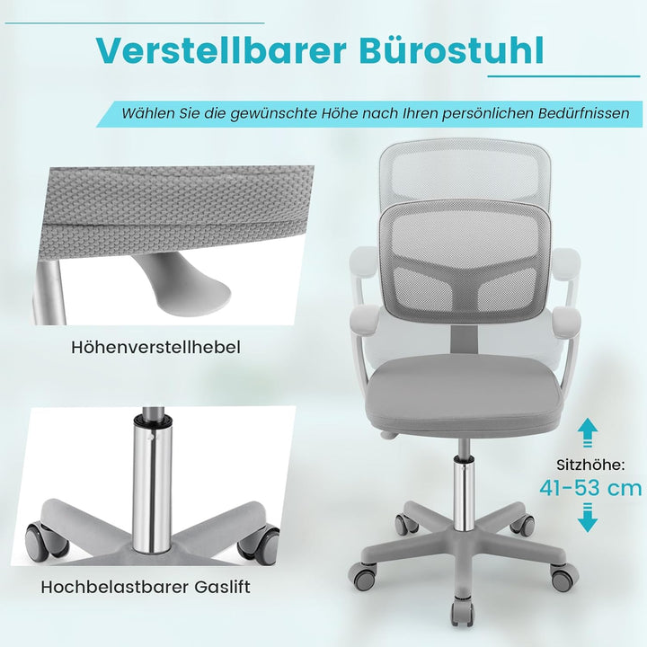 COSTWAY 360° Drehbarer Kinderschreibtischstuhl, 80-91,5 cm Höhenverstellbarer Jungendstuhl mit Rücke