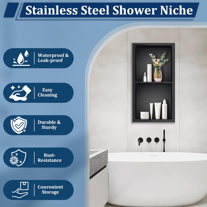 FTL Wandnische Dusche 30 x 61 x 10cm,Duschnische aus 304 Edelstahl,Schwarz Eingebettet Wandnische,Ke