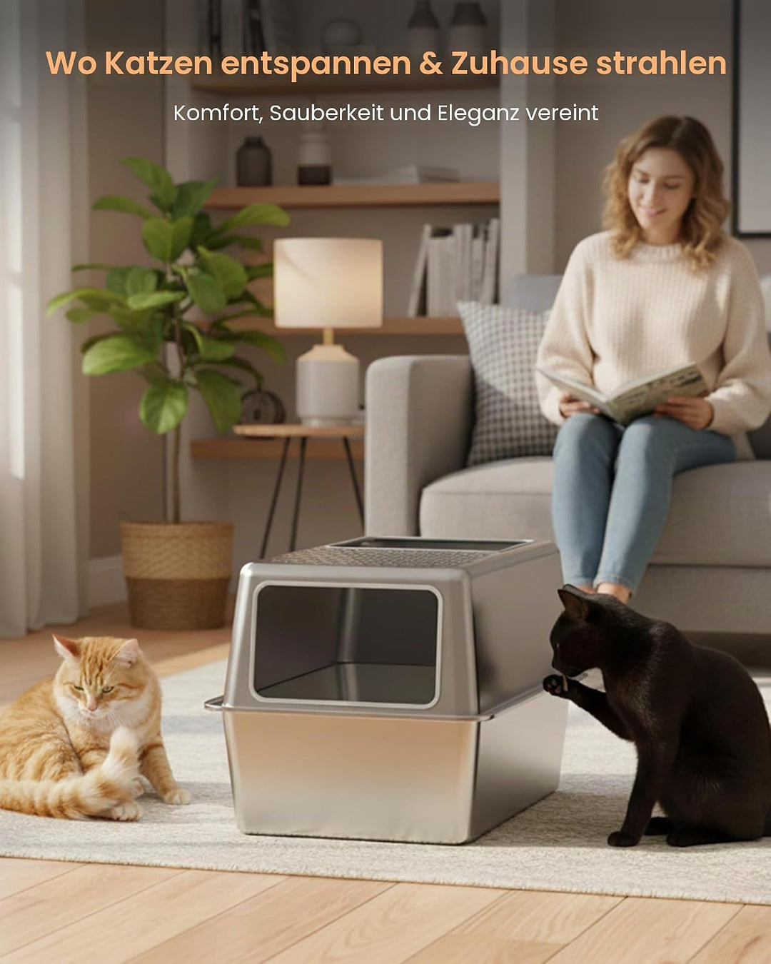Katzenklo Edelstahl mit Deckel, Geschlossenes Katzentoilette Vollmetall Gross XXL, Katzenklo mit Hoh