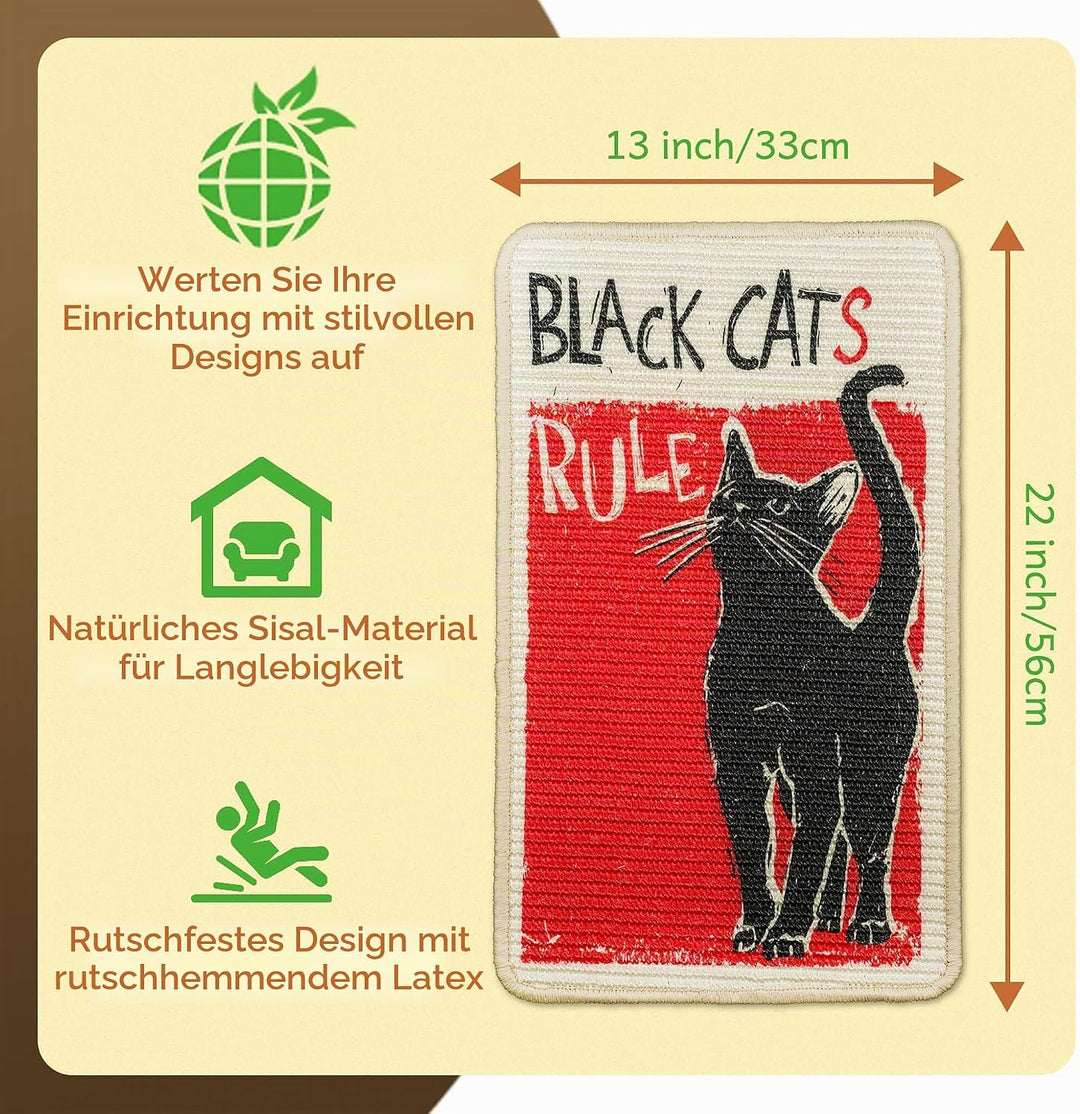 SOLDAY Sisal Kratzmatte Kunst Katze 56x33cm Wand &amp; Couch Schutz, Black Cat | Natürliche Sisalmatte f