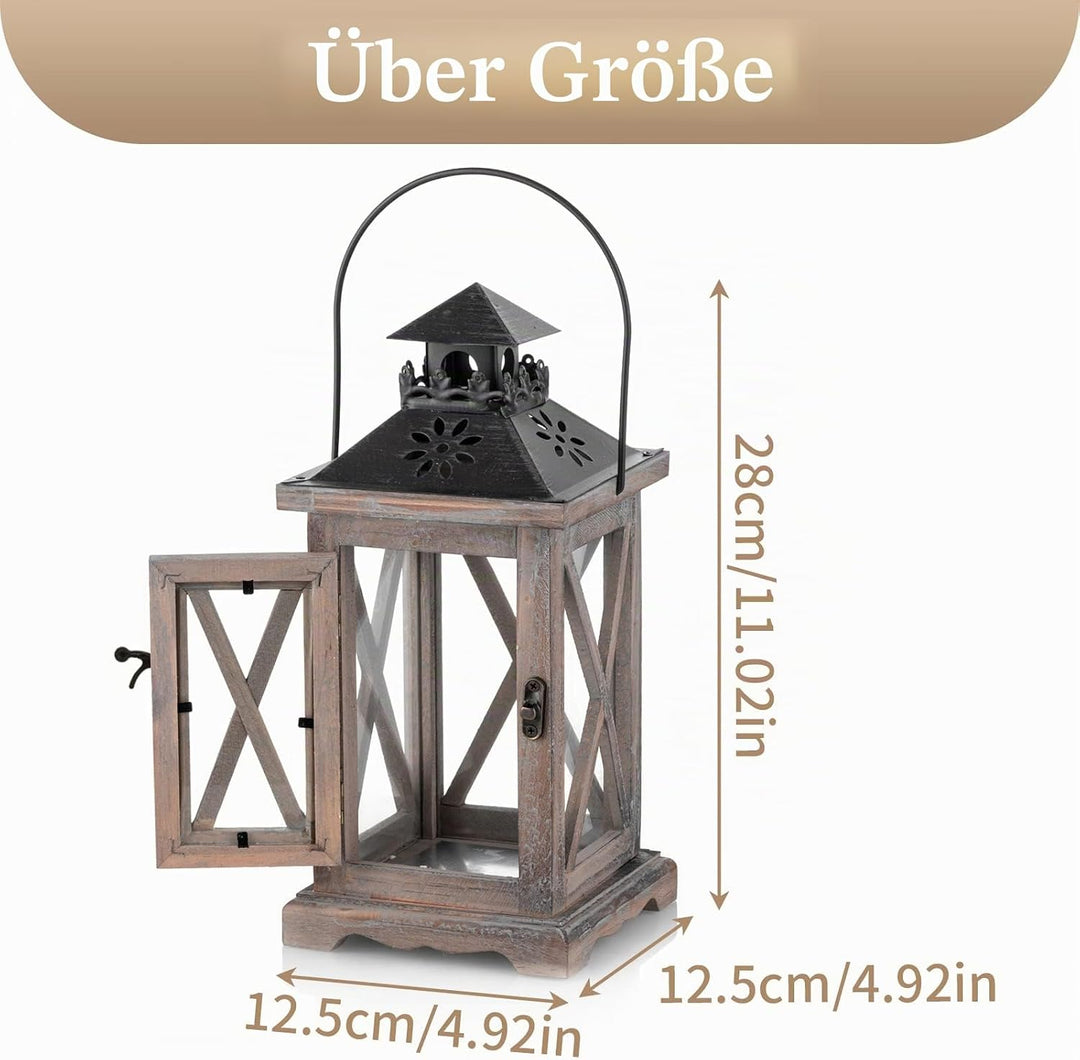Sziqiqi Vintage Laterne Holz für Draussen &amp; Innen, 2er-Set, 28cm, Antikbraun | Holzlaterne im Rustik