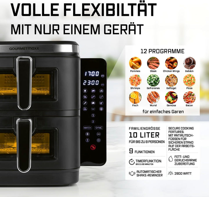 GOURMETmaxx FryUp Vertikale Doppelkammer Heissluftfritteuse XXL | Airfryer mit Sichtfenstern & Klapp