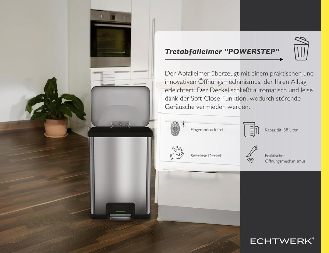 ECHTWERK Abfalleimer "POWER-STEP", Tretabfalleimer, Mülleimer, Soft Close, Fingerabdruck frei, Edels