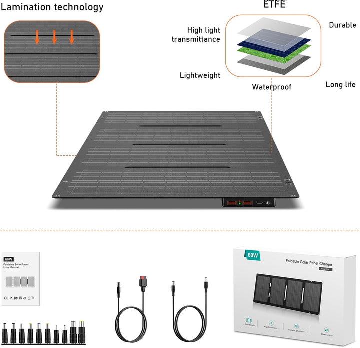 SinKeu Faltbares Solarpanel 60 W 18 V, tragbare Solarmodul mit USB-A/Typ-C/DC-Ausgang und Tragetasch