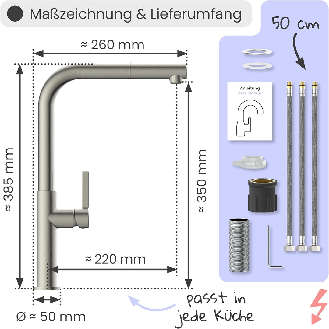 instmaier Cassia | Niederdruck Küchenarmatur mit herausziehbarem Auslauf | Edelstahl | Wasserhahn Kü