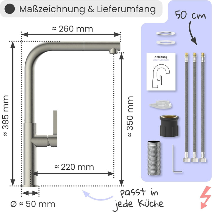 instmaier Cassia | Niederdruck Küchenarmatur mit herausziehbarem Auslauf | Edelstahl | Wasserhahn Kü
