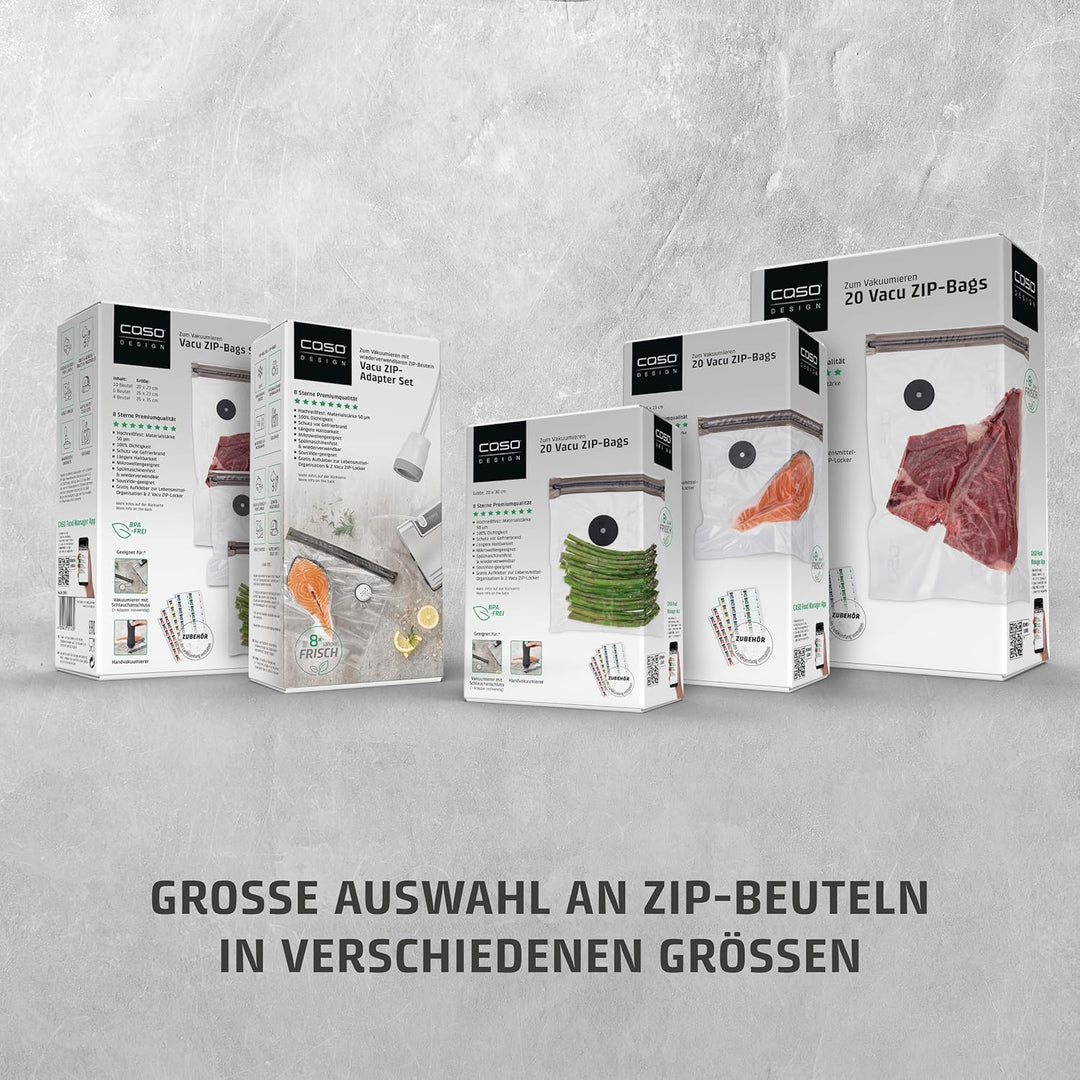 CASO Vacu OneTouch Eco-Set, Handvakuumierer inkl. 3 Vakuumbehälter aus Glas, 10 ZIP-Beutel und Food