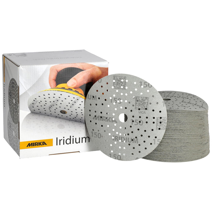 Mirka Iridium Premium-Schleifpapier Ø 150mm Klett 121-Loch, Korn 150, 100 Stk / Zum Schleifen von La