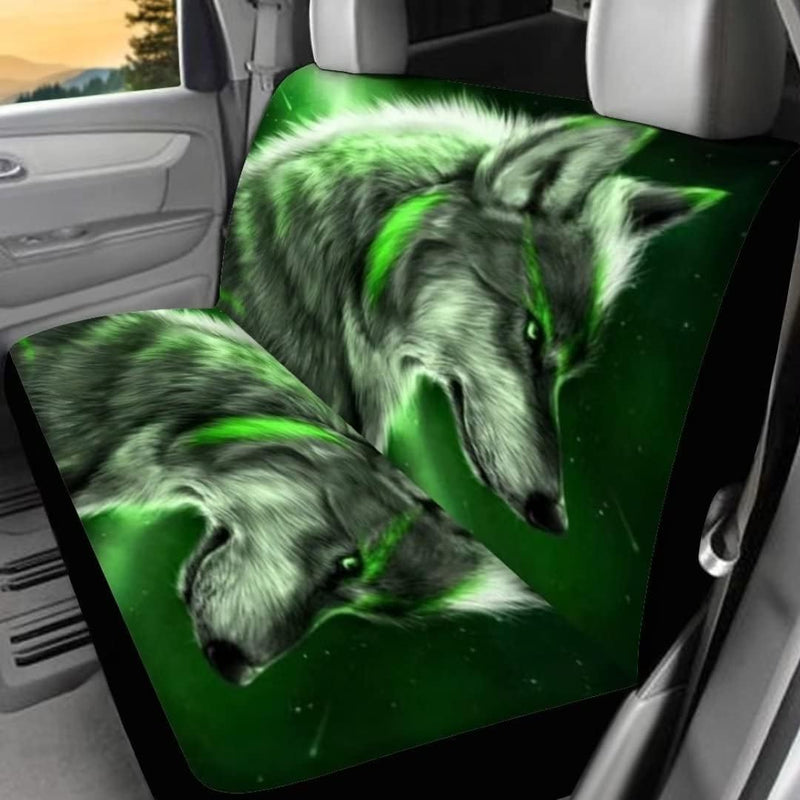 chaqlin Galaxy Green Wolf Auto Sitzbezug Set,4 Pcs Universal Auto Vordersitzbezüge Tier Wolf Hinter