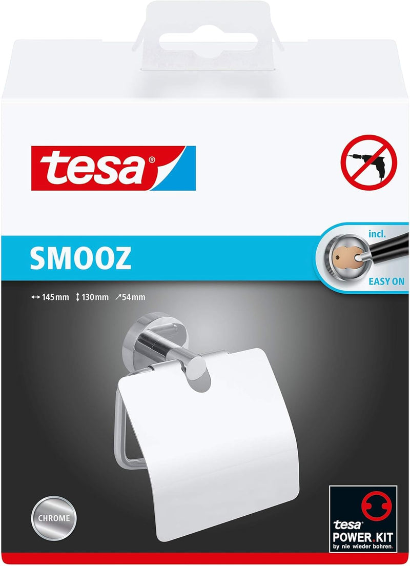 tesa SMOOZ Toilettenpapierhalter mit Deckel, verchromt - WC-Rollenhalter zur Wandbefestigung ohne Bo