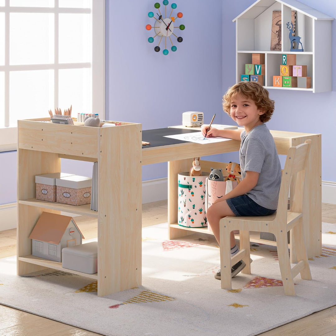 Kinder-Kunsttisch und 1 Stuhl Set, Maltisch mit Malrolle & Aufbewahrung, höhenverstellbarer Holz-Tis
