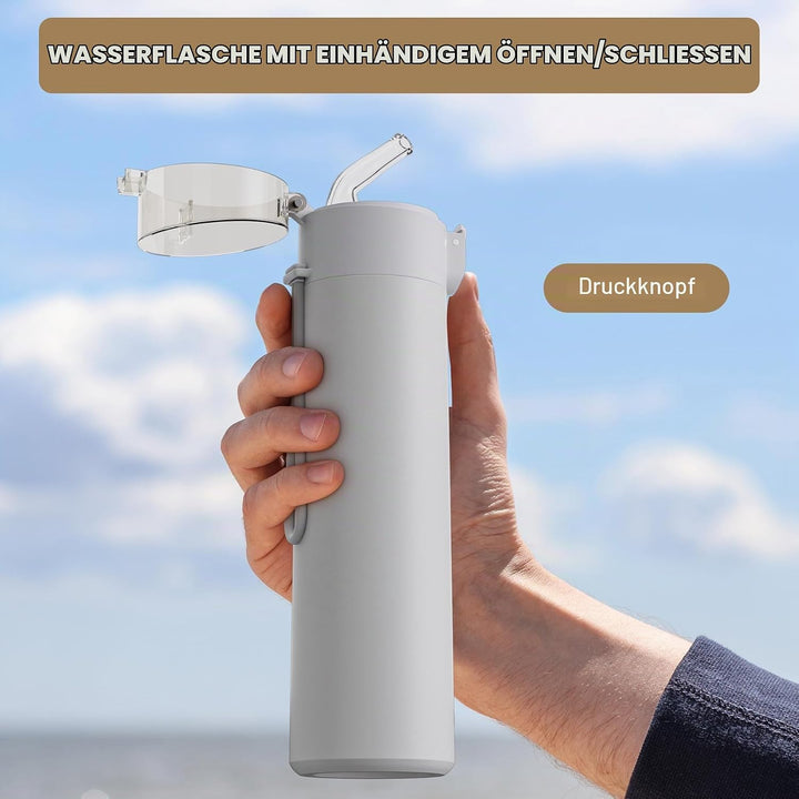 Exllena Trinkflasche Klein 270ml mit Strohhalm aus Edelstahl, Einhand-Bedienung, 100% Auslaufsicher,