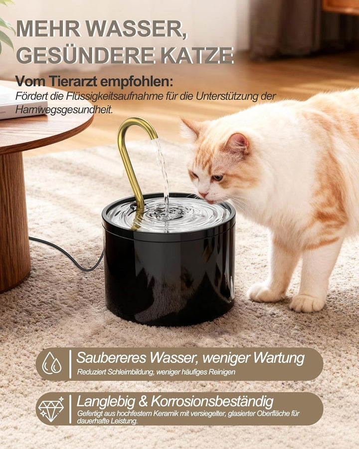 Kittyspout Katzenbrunnen Keramik, 1.2L Trinkbrunnen mit 3 Wasserstufen und Kupferrohr, Leiser Trinkb