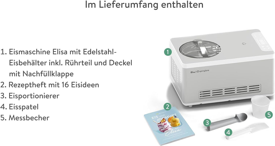SPRINGLANE Eismaschine & Joghurtbereiter Elisa 2,0 L mit selbstkühlendem Kompressor 180 W, Eiscremem
