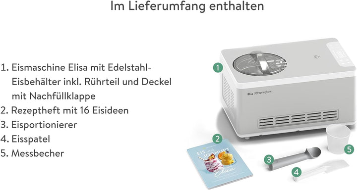 SPRINGLANE Eismaschine & Joghurtbereiter Elisa 2,0 L mit selbstkühlendem Kompressor 180 W, Eiscremem
