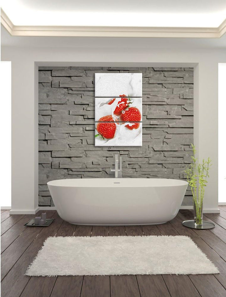 Pixxprint leckere Erdbeeren Schwimmen in Milch als Leinwandbild/Grösse: 3 Teilig (120x80) cm/Wandbil