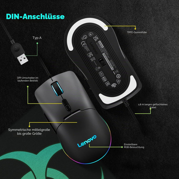 Lenovo M210 RGB Gaming-Maus (7 Tasten, RGB-Licht mit 3 Zonen, 8000 DPI, 300 IPS, 35 G, 1000 Hz), Sch