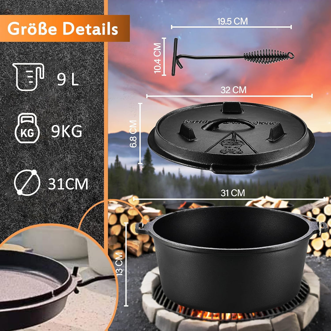 Dutch Oven,Dutch Oven 9 liter, Dutch Oven Double Function,Pre-Seasoned Dutch Oven Set,Gusseisen Dutc
